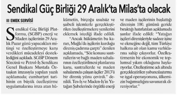 SENDİKAL GÜÇ BİRLİĞİ 29 ARALIK’TA MİLAS’TA OLACAK.