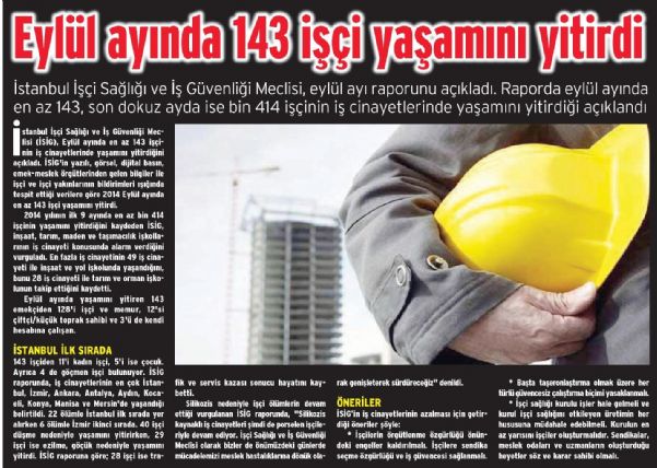 EYLÜL AYINDA 143 İŞÇİ YAŞAMINI YİTİRDİ