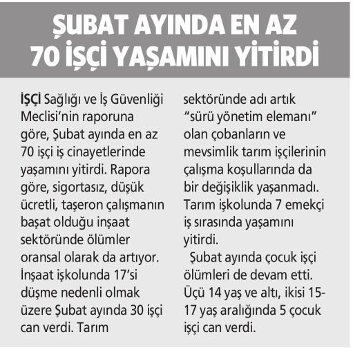 ŞUBAT AYINDA EN AZ 70 İSÇİ YAŞAMINI YİTİRDİ