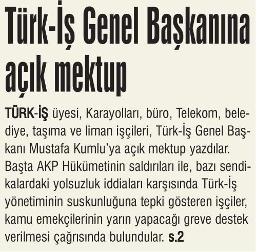 TÜRK-İŞ GENEL BAŞKANINA AÇIK MEKTUP